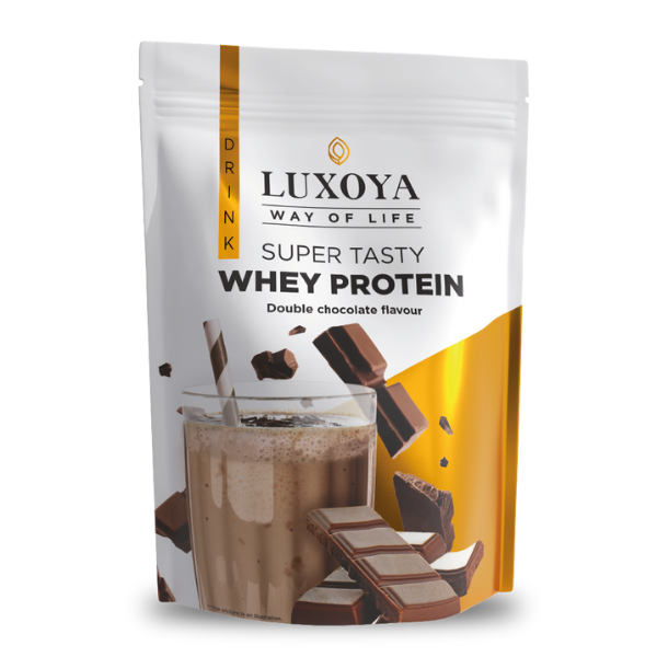 Luxoya SUPER TASTY WHEY PROTEIN - PRÉMIUM TEJSAVÓ FEHÉRJE ITALPOR 450 g DOY - Dupla csokoládé ízű - VALÓDI CSOKIDARABOKKAL!